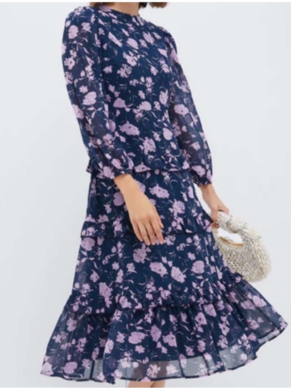 Hyacinth House Navy & Blush Abstract Floral Rosalind Ruffle Midi Dress - Picture 2 of 8